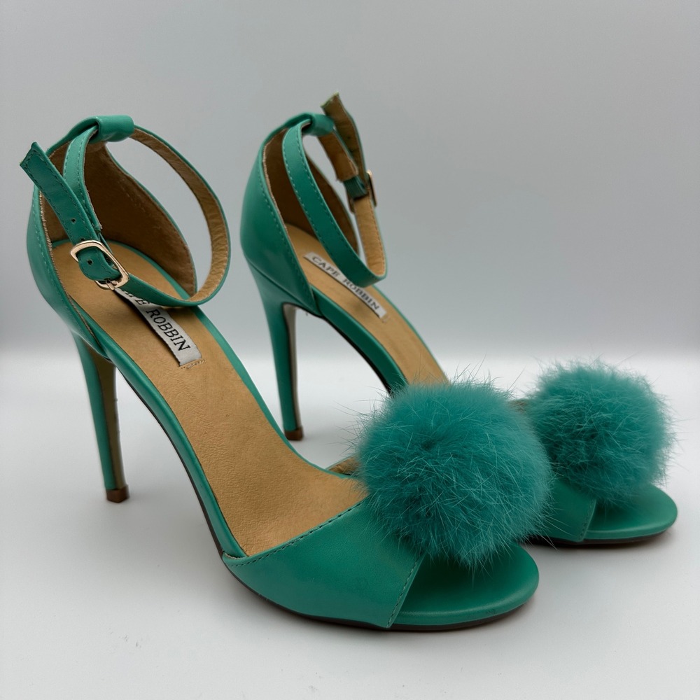 Cape‎ Robbin Turquoise Pom Pom D'Orsay Heels Sz 7 Party Pumps 80s Puffs Retro